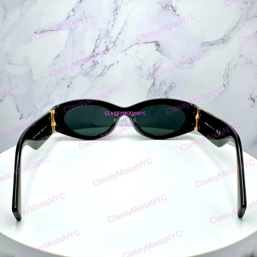 New MIU MIU Sunglasses Black Oval Acetate Gold Metal Logo Authentic Womens